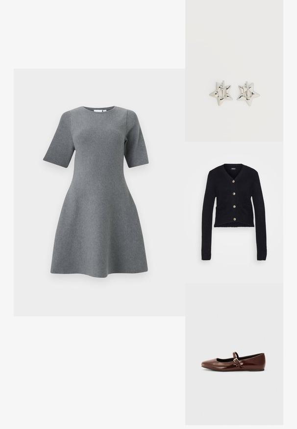 Sort cropped cardigan lavet af struktureret strikstof. Har v-hals, lange ærmer og knapper i guldfarve med to frontlommer.; Grå A-linje kjole med korte ærmer, rund halsudskæring og tekstureret strikket stof, designet til en tætsiddende overkrop og en udvidet nederdel.; Brun patentlæder balletflade med firkantet tå og strop med en lille guldbuckle. Glat tekstur, lav hæl og minimalistisk design.; Sølv stjerneformede øreringe med en glat, poleret finish på en ensfarvet hvid baggrund.