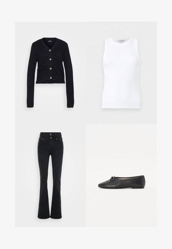 Sort cropped cardigan lavet af struktureret strikstof. Har v-hals, lange ærmer og knapper i guldfarve med to frontlommer.; Hvid, ribstrikket, ærmeløs tanktop med rund halsudskæring, tætsiddende pasform og lille mærke inde i kraven.; Sorte flagrende jeans lavet af denim, med høj talje, to knapper og frontlommer. Stoffet har en glat tekstur med let stræk.; Sort læder balletflade med en rund toe og en dekorativ sløjfe detalje. Designet har en glat tekstur og en lav, flad hæl.