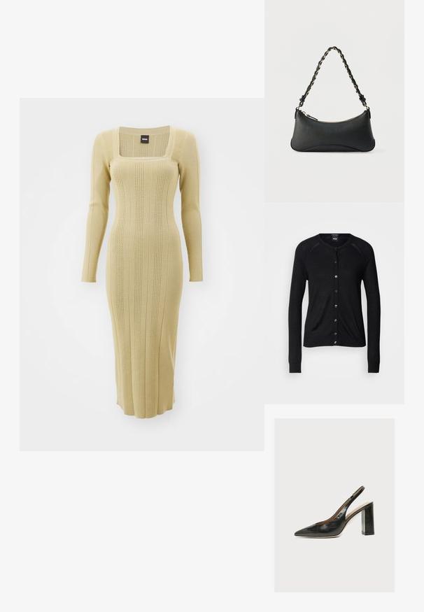 Sort cardigan med rund halsudskæring, lange ærmer, knaplukning og en glat tekstur; inkluderer sølvfarvede knapper og ribbede manchetter.; Strikket kjole med lange ærmer i lys beige med firkantet halsudskæring, ribbet struktur og lodrette striber. Tætsiddende design med længde til midt på læggen.; Sort læder kvindesko med slingback, spids tå og tyk blokhøj hæl på hvid baggrund.; Sort skuldertaske i læder med en buet rektangulær form, gyldent kæde vævet ind i en flettet sort rem og toplynlås.