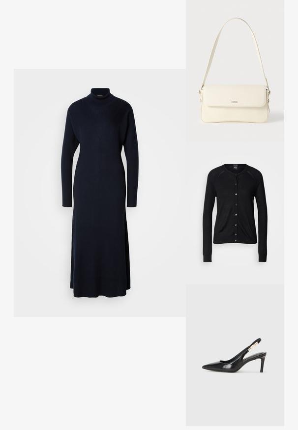 Sort cardigan med rund halsudskæring, lange ærmer, knaplukning og en glat tekstur; inkluderer sølvfarvede knapper og ribbede manchetter.; Mørkeblå, ribbet strik turtleneck kjole med lange ærmer og sideslids. Har en tætsiddende overdel og en flydende nederdel.; Sort læder slingback højhælede sko med spidse tæer, glat overflade og en smal ankelrem med guldfarvede hardware detaljer.; Cremefarvet læder skuldertaske med flaplukning, sølvfarvet beslag, en enkelt justerbar rem og diskrete logodetaljer.