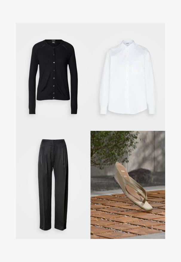 Zwarte cardigan met een ronde hals, lange mouwen, knoopsluiting en een gladde textuur; bevat zilverkleurige knopen en ribgebreide manchetten.; GAP CLASSIC SHIRT - Overhemdblouse - optic white; Zwarte broek met wijde pijpen van gladde stof, voorzien van plooien aan de voorkant, een ritssluiting en een klassieke tailleband.; Beige leren teenslipper met BOSS-logo op de binnenzool, zwevend boven een houten terras met kleine grindsteentjes ertussen.