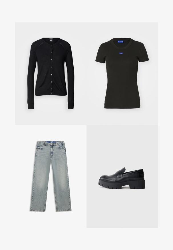 Sort cardigan med rund halsudskæring, lange ærmer, knaplukning og en glat tekstur; inkluderer sølvfarvede knapper og ribbede manchetter.; Sort T-shirt med korte ærmer lavet af ribbet bomuld, med en blå "HUGO" logo badge på forsiden. Klassisk crewneck design.; Lyseblå jeans med vide ben lavet af denim, med udvaskede områder, fem lommer og en blå mærket taljebånd.; Sort klodset platform loafers med glat læderoverdel, dekorativ rem og tyk struktureret sål på hvid baggrund.