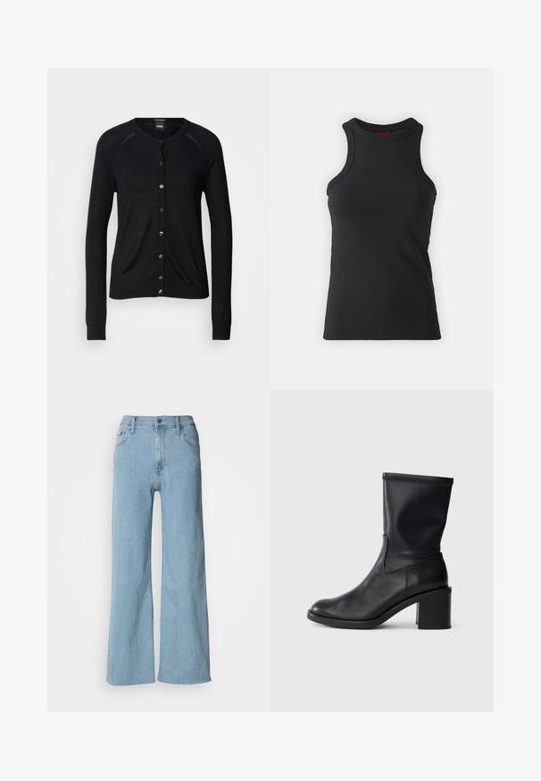 Sort cardigan med rund halsudskæring, lange ærmer, knaplukning og en glat tekstur; inkluderer sølvfarvede knapper og ribbede manchetter.; Sort ærmeløs tanktop lavet af strækbart stof. Har en rund hals og en tætsiddende silhuet med minimale syninger.; Lyseblå vidde jeans lavet af denim, med en tætsiddende talje, fem-lomme design og subtile syningsdetaljer.; Sort læder ankelstøvle med rund tå, glat tekstur og en grov hæl, der har et tætsiddende skaft og subtil syning.
