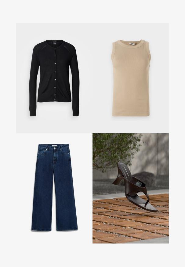 Sort cardigan med rund halsudskæring, lange ærmer, knaplukning og en glat tekstur; inkluderer sølvfarvede knapper og ribbede manchetter.; Beige ærmeløs top lavet af ribbet stof med rund hals, der har tonale stikninger og en tætsiddende design.; Bredde ben denim jeans i mørkeblå med en let falmet finish, fem lommer, knaplukning og bæltestropper.; Brun Calvin Klein hælet thong sandal svævende over træflise og grus udendørs med sløret grønt og stenmur i baggrunden.