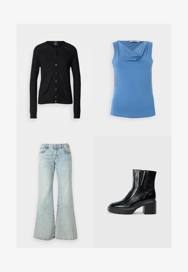 Sort cardigan med rund halsudskæring, lange ærmer, knaplukning og en glat tekstur; inkluderer sølvfarvede knapper og ribbede manchetter.; Ærmeløs lyseblå top med draperet cowl-halsudskæring, figursyet silhuet og glat stof fra Tiger of Sweden.; Lyseblå flared jeans lavet af denim, med høj talje, lommer og frynset kant. Stoffet har et slidt look og en subtil struktur.; Sorte patenterede læderankelstøvler med en buet tå, elastiske sidepaneler og en kraftig blokhæl. Har et præget logo på bagsiden.