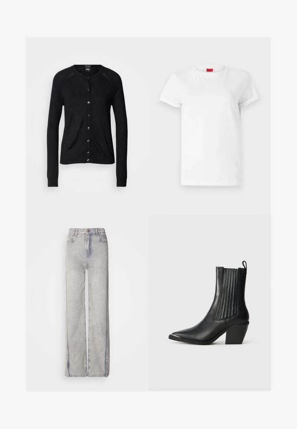 Cárdigan negro con cuello redondo, mangas largas, cierre de botones y una textura suave; incluye botones en tono plata y puños acanalados.; Camiseta blanca de manga corta hecha de algodón ligero. Presenta un escote redondo y mangas enrolladas. Etiqueta de logo roja en el cuello.; Jeans de pierna ancha en azul claro, fabricados en denim con un lavado desgastado, que cuentan con un cierre de cremallera, cinco bolsillos y costuras en contraste.; Botín de cuero negro con punta afilada, paneles laterales acanalados y un tacón grueso, colocado sobre una superficie de azulejos texturizada.