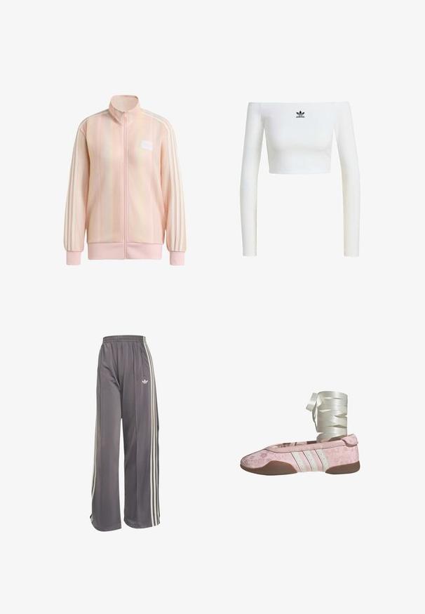 Vaaleanpunainen vetoketjullinen takki resorikuvioidulla pinnalla, kolmella valkoisella raidalla hihoissa, resorireunuksilla hihansuissa ja helmassa sekä pienellä logoplaasilla rinnassa.; Valkoinen off-the-shoulder crop-top ribbattu kangas, jossa on pitkät hihat ja pieni musta Adidas-logo edessä.; Harmaat leveälahkeiset verkkarit, joissa joustava vyötärö, valkoiset sivuraidat, vetoketjullinen tasku ja Adidas-logo oikeassa reisessä.; Vaaleanpunainen balettikengän malli, jossa on kukkakuosi, valkoiset nahkaiset yksityiskohdat ja kolme valkoista raitaa. Varustettu pehmeällä pohjalla ja nauhoilla nauhoitusta varten.