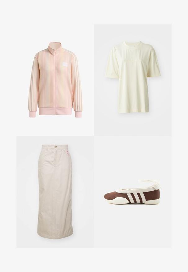 Light pink full-zip jacket with ribbed texture, three white stripes on sleeves, ribbed cuffs and hem, and a small logo patch on the chest.; Cream-colored cotton T-shirt with a round neck, short sleeves, and embossed "adidas" logo on the chest. Smooth texture and relaxed fit.; Beige pinstriped skirt with a high waist, concealed zipper, and metal button closure. Includes a small branded label on the front.; Brown and white ballet flat shoe with three white stripes and ankle tie bow on a plain light background.