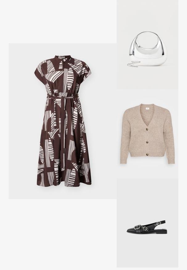 Beige gebreide cardigan met een V-hals, vijf bruine knopen aan de voorkant en geribbelde manchetten. Zachte textuur met een ontspannen pasvorm.; Bruin-wit gemêleerde jurk met korte mouwen, ronde kraag, knoopsluiting en ceintuur met strik in de taille. Voorzien van abstracte geometrische vormen.; Zwart leren slingback schoen met een spitse neus, twee zilveren gespen en een lage blokhak. Bevat een gemêleerde bovenkant en een open achterkant.; Glinsterende zilverkleurige metalen handtas met afgeronde vorm, ovale uitsnijding als handvat en een zilveren kettingriem tegen een effen lichte achtergrond.