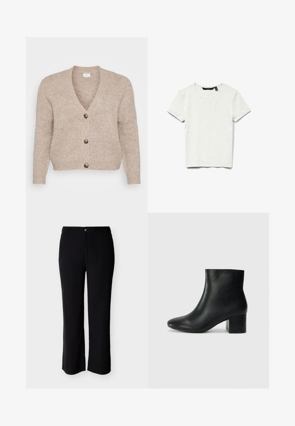 Beige strikket cardigan med V-udskæring, fem brune knapper ned foran og ribstrikkede manchetter. Blød tekstur med en afslappet pasform.; Enkel hvid ribstrikket bomulds T-shirt med korte ærmer og rund halsudskæring, vist fladt på hvid baggrund.; Sorte bukser med lige ben, lukning med knap og lynlås, sidelommer og bæltestropper, vist mod en ensartet lys baggrund.; Sorte læder ankelstøvler med spids tå og en kraftig hæl. Glat tekstur med minimale detaljer og et slankt, tætsiddende design.