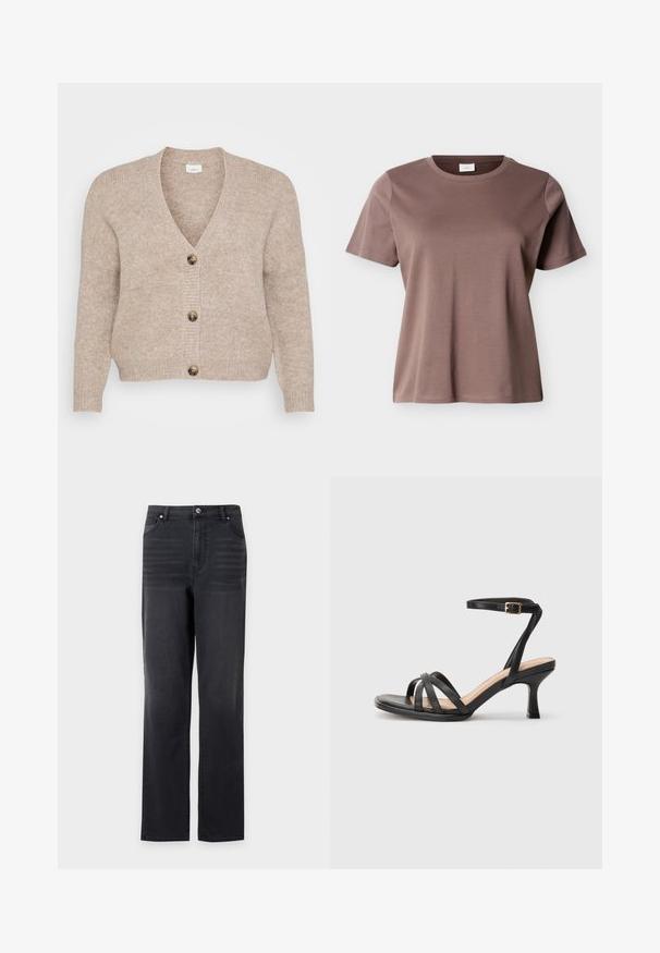 Beige strikket cardigan med V-udskæring, fem brune knapper ned foran og ribstrikkede manchetter. Blød tekstur med en afslappet pasform.; Kortærmet, rundhalset T-shirt i mauve-brun bomuld med en løs pasform vist mod en ensfarvet lys baggrund.; Sorte jeans med lige ben, frontlommer og bæltestropper, vist mod en hvid baggrund.; Sorte høje hæle sandaler med flere tynde stropper over tæerne, en enkelt ankelstrop med en gylden spænde og en firkantet tå.