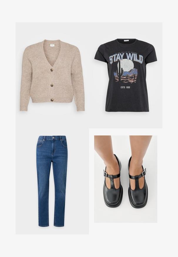 Beige strikket cardigan med V-udskæring, fem brune knapper ned foran og ribstrikkede manchetter. Blød tekstur med en afslappet pasform.; Sort bomulds t-shirt med et grafisk print af en ørken-scene med kaktusser, en måne og sætningen "STAY WILD" i blå skrifttype.; Blå denim jeans med lige ben, forlukning med knap og lynlås foran, forlommer og bæltestropper på en ensartet lys baggrund.; Sorte lædersko med T-rem-design, lukket tå og sølvfarvede spændeaccenter. Glat tekstur med rundet tå og flad sål.