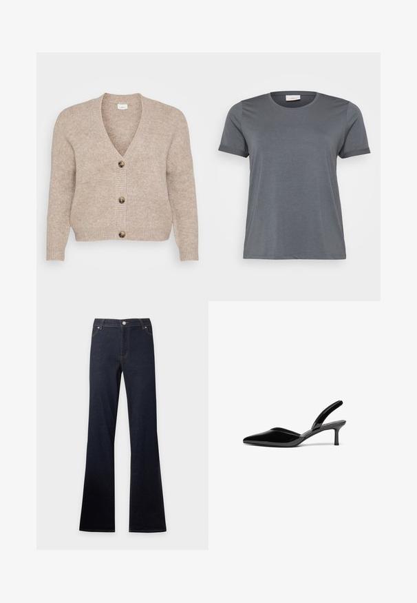Beige strikket cardigan med V-udskæring, fem brune knapper ned foran og ribstrikkede manchetter. Blød tekstur med en afslappet pasform.; Grå kortærmet T-shirt lavet af blødt stof, med en klassisk rund halsudskæring og oprullede ærmer. Glat tekstur uden synlige mønstre.; Mørkeblå denimjeans med høj talje og udvidede ben, med frontlommer, knap og lynlåslukning.; Sorte patentlæder slingback hæle med spids tå, lav stiletto hæl og et elegant, enkelt design uden pynt.