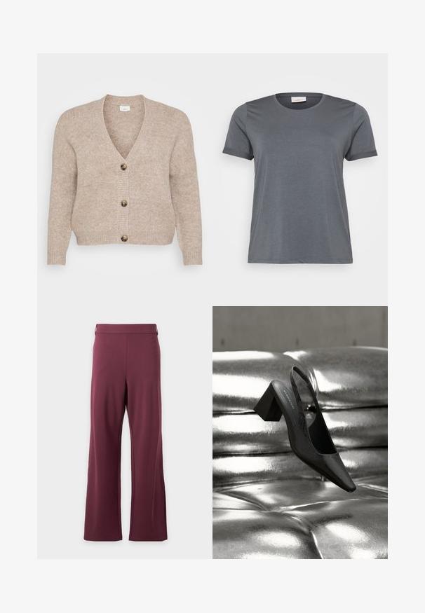 Beige strikket cardigan med V-udskæring, fem brune knapper ned foran og ribstrikkede manchetter. Blød tekstur med en afslappet pasform.; Grå kortærmet T-shirt lavet af blødt stof, med en klassisk rund halsudskæring og oprullede ærmer. Glat tekstur uden synlige mønstre.; Bukser med høj talje og brede ben i en ensfarvet mørkelilla farve med en glat linning uden synlige lommer eller mønstre.; Sort slingback-hæl med spids tå, der har en tekstureret overflade og en chunky blokhæl. Lagt mod en skinnende, metallisk baggrund.