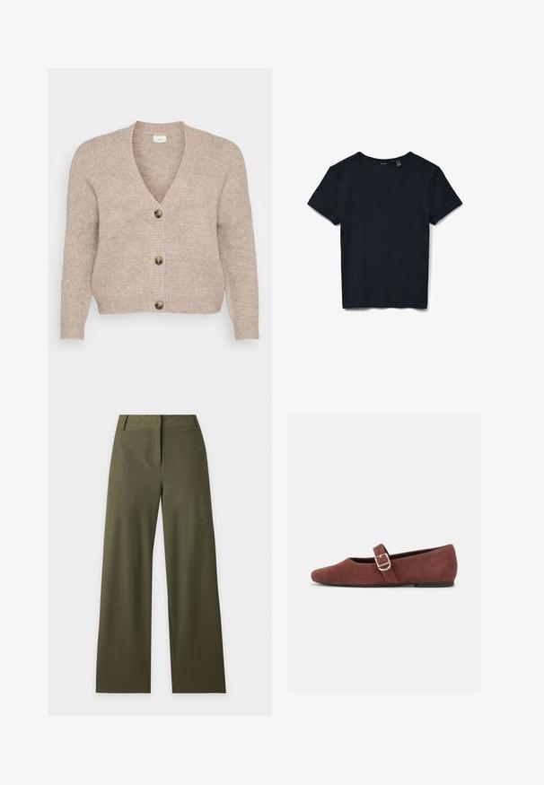 Cárdigan de punto beige con escote en V, cinco botones marrones en el delantero y puños acanalados. Textura suave con un ajuste relajado.; Camiseta negra de manga corta con tejido acanalado y cuello redondo, vista desde arriba sobre fondo blanco.; Pantalones de pierna ancha en verde oliva oscuro con cintura alta, trabillas para cinturón y cierre frontal oculto sobre un fondo claro y liso.; Zapato plano Mary Jane de gamuza marrón con una correa de hebilla dorada y suela negra sobre fondo blanco.