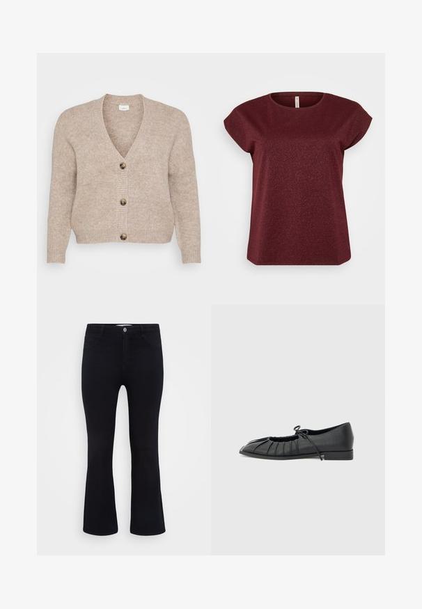 Beige strikket cardigan med V-udskæring, fem brune knapper ned foran og ribstrikkede manchetter. Blød tekstur med en afslappet pasform.; Burgundy kortærmet top med rund halsudskæring, lavet af et struktureret stof med subtile glitrende detaljer. Ren, enkel silhuet.; ONLY Carmakoma Flared fit CARTHUNDER Mid waist - Flared jeans - black denim; Sort flad sko med plisseret forstykke og bundet sløjfe på toppen, lav hæl og glat tekstur på en lysegrå baggrund.