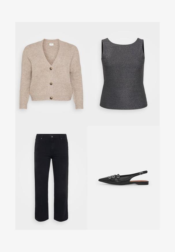 Beige strikket cardigan med V-udskæring, fem brune knapper ned foran og ribstrikkede manchetter. Blød tekstur med en afslappet pasform.; Ärmeloses top i mørkegrå med metallisk glans, med en rund halsudskæring og en tætsiddende form, lavet af et struktureret stof.; Sorte denimjeans med lige ben-design. Funktioner inkluderer en knaplukning i taljen, bæltestropper og front-/baglommer. Glat tekstur.; Sort læderslyngeflad sko med spids tå, der har to vandrette stropper og firkantede sølvspænder, lav hæl og glat tekstur.