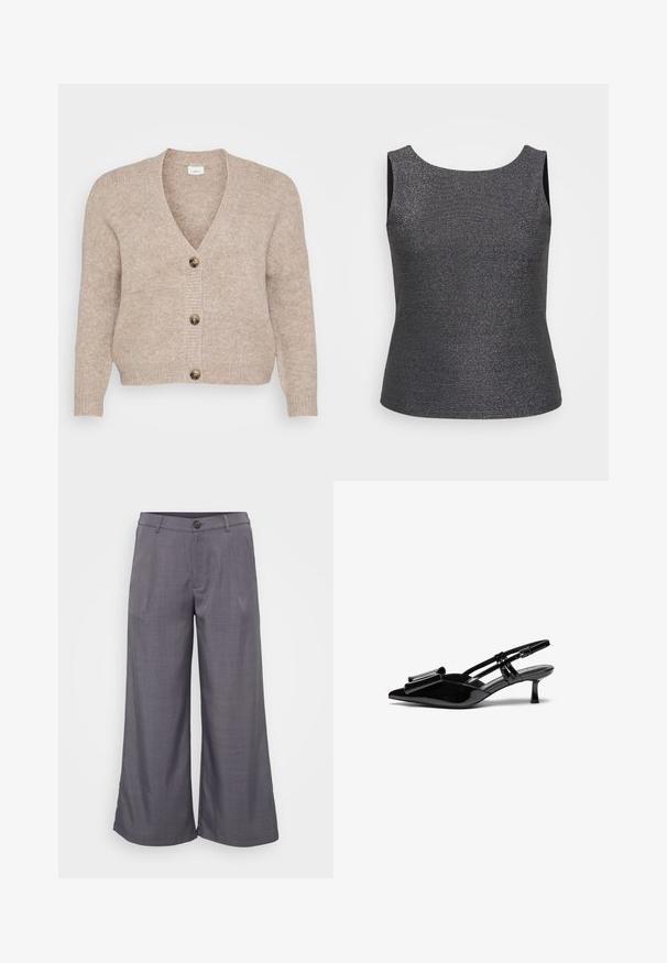 Cárdigan de punto beige con escote en V, cinco botones marrones en el delantero y puños acanalados. Textura suave con un ajuste relajado.; Top sin mangas en gris oscuro con un brillo metálico, que presenta un escote redondo y una forma ajustada, fabricado con una tela texturizada.; Pantalones grises de pierna ancha hechos de una tela suave, con cierre de botón en el frente, pliegues y un ajuste relajado hasta el tobillo.; Zapatos de tacón slingback de charol negro con punta afilada, detalle de lazo en el frente y un pequeño tacón de aguja. Las correas tienen hebillas ajustables.