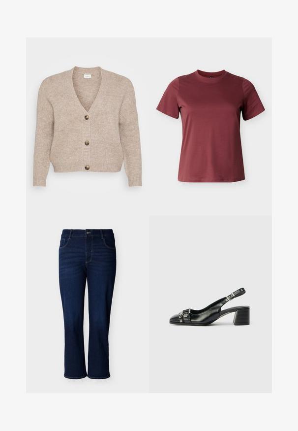 Beige strikket cardigan med V-udskæring, fem brune knapper ned foran og ribstrikkede manchetter. Blød tekstur med en afslappet pasform.; Bourgognefarvet t-shirt med korte ærmer lavet af blød bomuld, med rund halsudskæring og en glat, ensartet tekstur uden synlige mønstre eller accenter.; Mørkeblå straight-leg denimjeans med knapper foran og lommer, vist mod en ensfarvet hvid baggrund.; Sorte læder slingback hæl med spids tå, tekstureret rem med cirkulære metalliske accenter, og en stablet blokhæl.