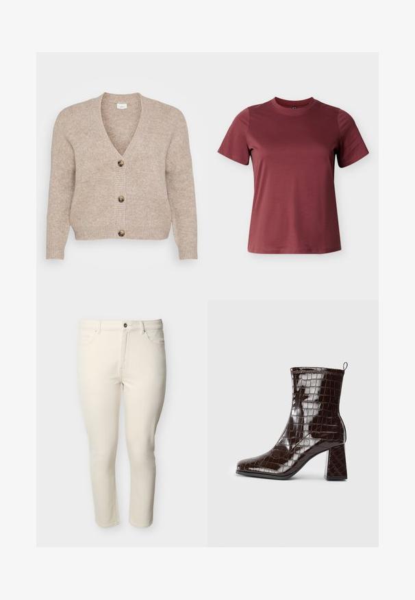 Beige strikket cardigan med V-udskæring, fem brune knapper ned foran og ribstrikkede manchetter. Blød tekstur med en afslappet pasform.; Bourgognefarvet t-shirt med korte ærmer lavet af blød bomuld, med rund halsudskæring og en glat, ensartet tekstur uden synlige mønstre eller accenter.; Højttaljede, slim-fit jeans i cremefarvet med frontknap og lynlås, bæltestropper og fem-lomme-design.; Mørkebrun patentlæder ankelstøvle med krokodillemønster, blokhæl og trækstrop bagpå mod hvid baggrund.