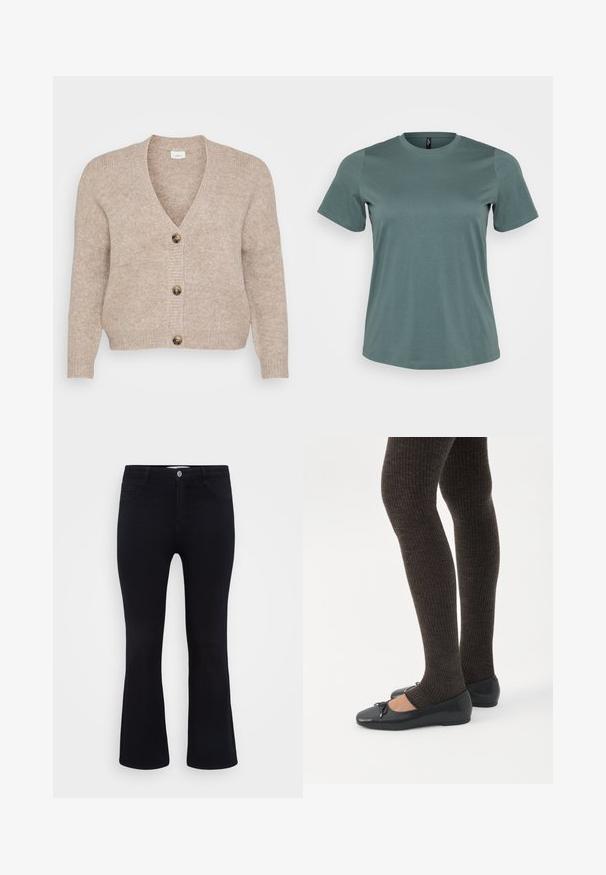 Cárdigan de punto beige con escote en V, cinco botones marrones en el delantero y puños acanalados. Textura suave con un ajuste relajado.; Camiseta de manga corta en verde apagado, con escote redondo, hecha de una suave mezcla de algodón, que presenta una textura lisa y un corte relajado.; ONLY Carmakoma Flared fit CARTHUNDER Mid waist - Vaqueros a campana - black denim; Piernas con leggings oscuros acanalados combinados con bailarinas negras que presentan pequeños detalles de lazo sobre un fondo blanco.