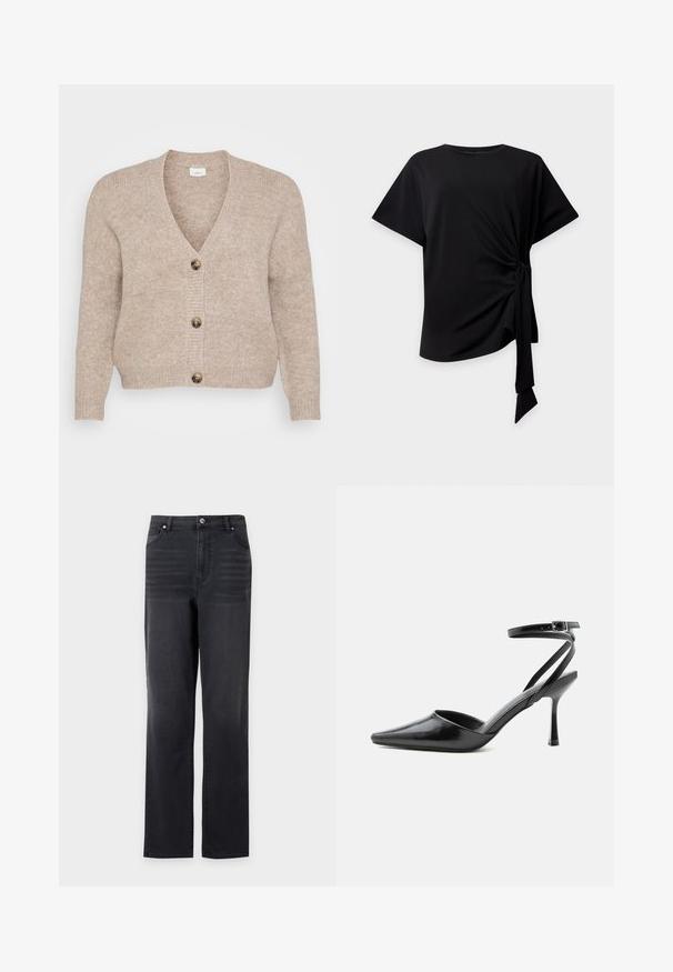 Béžový pletený cardigan s výstrihom do V, piatimi hnedými gombíkmi na prednej strane a rebrovanými manžetami. Mäkká textúra s voľným strihom.; Čierny top s krátkym rukávom, okrúhlym výstrihom a detailom uzla na boku, ktorý vytvára nariasenú látku a visiacu stuhu na svetlom pozadí.; Čierne rifle s rovnými nohavicami, prednými vreckami a pútkami na opasok, zobrazené na bielom pozadí.; Čierny lodička na vysokom opätku so špicatou špičkou, tenkými remienkami okolo členku a striebornou prackou na jednoduchom svetlom pozadí.