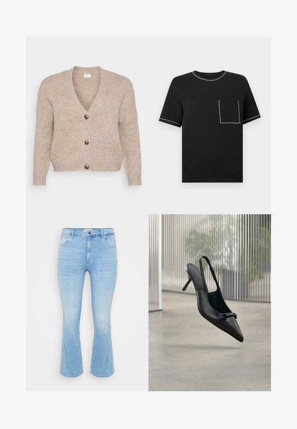 Beige gebreide cardigan met een V-hals, vijf bruine knopen aan de voorkant en geribbelde manchetten. Zachte textuur met een ontspannen pasvorm.; Zwart T-shirt met korte mouwen en witte contrasterende stiksels op de kraag, mouwranden en een voorzak aan de linkerkant van de borst.; Lichtblauwe denim jeans met een aansluitende taille, uitlopende pijpen, een vijf-pocket ontwerp en subtiele vervaging in de textuur van de stof.; Zwarte, gestructureerde leren slingback hoge hak schoen met een puntige neus en een kleine decoratieve gesp, zwevend boven een gladde vloer.