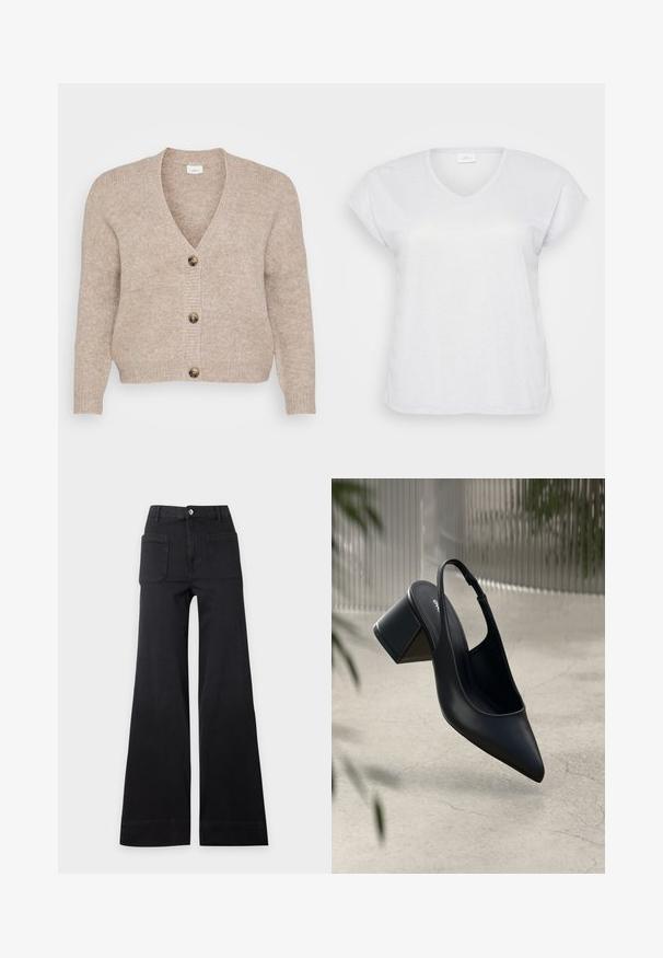 Beige strikket cardigan med V-udskæring, fem brune knapper ned foran og ribstrikkede manchetter. Blød tekstur med en afslappet pasform.; Hvid kortærmet V-hals t-shirt med en subtil skimmereffekt, der har en afslappet pasform og ingen synlige mønstre eller accenter.; Sorte bukser med høj talje og vide ben med frontlommer med lap og knaplukning, lagt fladt på en ensartet lys baggrund.; Sort læder slingback hæl med spids tå og blokhæl. Glat tekstur, minimalistisk design og justerbar ankelrem.