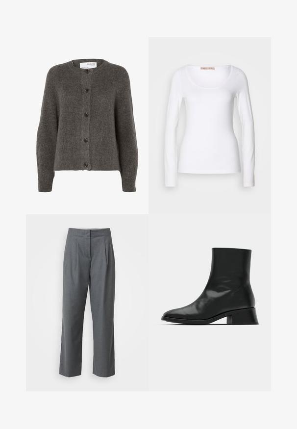 Cardigan en maille gris foncé pour femme avec cinq boutons noirs et manches longues, label Selected Femme.; T-shirt en coton blanc à manches longues, avec un col rond et une coupe ajustée, au toucher doux et sans ornement.; Pantalons gris ajustés à coupe droite, avec une texture lisse, des plis devant et des poches latérales. Pas de quincaillerie ou d'accents visibles.; Bottine noire en cuir brillant, au design épuré, avec un bout pointu et un petit talon bloc pour plus de stabilité.