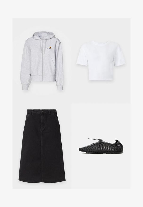 Ανοιχτό γκρι hoodie με φερμουάρ, κατασκευασμένο από μαλακό ύφασμα, με χαλαρή γραμμή, μπροστινές τσέπες και ένα μικρό κεντημένο λογότυπο στο αριστερό στήθος.; Λευκό κοντομάνικο cropped t-shirt με στρογγυλή λαιμόκοψη, τοποθετημένο επίπεδα σε ανοιχτόγριζο φόντο.; Μαύρη τζιν φούστα μέχρι το γόνατο με εμπρόσθιες τσέπες, θηλιές για ζώνη και κεντρική ραφή ως διακόσμηση.; Μαύρο πλεκτό παπούτσι τύπου slip-on με λεπτή σόλα και ρυθμιζόμενο κορδόνι δεμένο στην κορυφή, εμφανιζόμενο σε προφίλ σε λευκό φόντο.