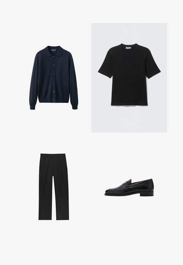 Cardigan bleu marine foncé en tissu tricoté, avec un col, une fermeture boutonnée sur le devant, des manches longues et des poignets et un ourlet côtelés.; T-shirt noir à manches courtes avec col rond, portant une étiquette "WEEKDAY" à l'intérieur du col, présenté à plat sur un fond clair.; Pantalons noirs au design droit, fabriqués à partir d'un tissu lisse. Dotés de plis sur le devant et d'une fermeture à un bouton à la taille.; Mocassin penny en cuir noir avec talon bas, bout arrondi et une bride sur la partie supérieure de la chaussure.
