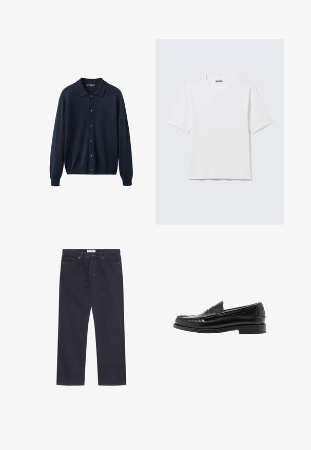 Cardigan bleu marine foncé en tissu tricoté, avec un col, une fermeture boutonnée sur le devant, des manches longues et des poignets et un ourlet côtelés.; T-shirt blanc uni à manches courtes et col rond, avec une petite étiquette "WEEKDAY" à l'intérieur du col arrière, présenté à plat.; Jeans en denim bleu foncé avec une coupe droite, cinq poches et une fermeture classique à boutons et à glissière. Présente des coutures contrastées.; Mocassin penny en cuir noir avec bout mocassin cousu, talon bas et finition lisse et polie, présenté de profil sur fond blanc.