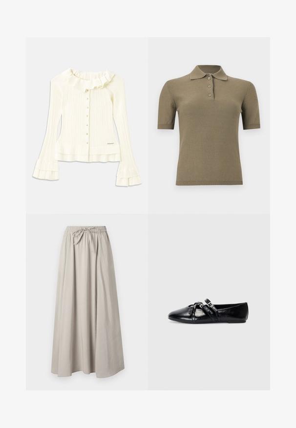 Hvid ribbet bluse med rynket halsudskæring, lange flagrende ærmer og pyntelige knapper foran; har en diskret logo-detail i kanten.; Kortærmet olivengrøn strikket poloshirt med krave og tre knapper på en ensfarvet hvid baggrund.; Lysegrå maxinederdel lavet af blødt stof med elastik i taljen og justerbar snor. Har en løs, flydende silhuet og et enkelt design.; Sorte læder balletflader med spidse tæer, to dekorative stropper med sølvspænder og en glat, blank overflade.