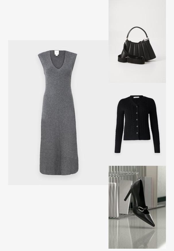pure cashmere CLASSIC CABLE CARDIGAN - Kardigán - black; Sivé šaty bez rukávov vyrobené z mäkkej tkaniny. Majú hlboký výstrih do V a priamy strih so švom v strede predného dielu.; Čierna špicatá vysoká podpätková topánka so striebornou prackou na remienku, položená na reflexnej ploche blízko kovového organizéra súborov so správami.; Čierna plisovaná kabelka s okrúhlou rukoväťou, nastaviteľným popruhom a lesklou textúrou. Obsahuje strieborné kovanie a štruktúrovaný siluetu.