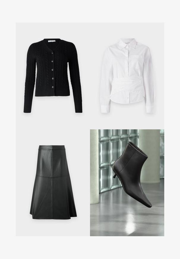 pure cashmere CLASSIC CABLE CARDIGAN - Kardigán - black; Biela košeľa s dlhým rukávom, golierom, prednými gombíkmi, malou náprsníkou a obtočeným dizajnom na páse. Hladká bavlnená tkanina.; Čierna kožená sukňa A-štýlu, hladká textúra, dĺžka pod kolená, s horizontálnym prešívaním v páse a na švoch pre dodatočnú štruktúru.; Čierna kožená členková obuv s ostrou špičkou a nízkym podpätkom, zobrazená na pozadí steny zo sklenených blokov a leštenej podlahy.