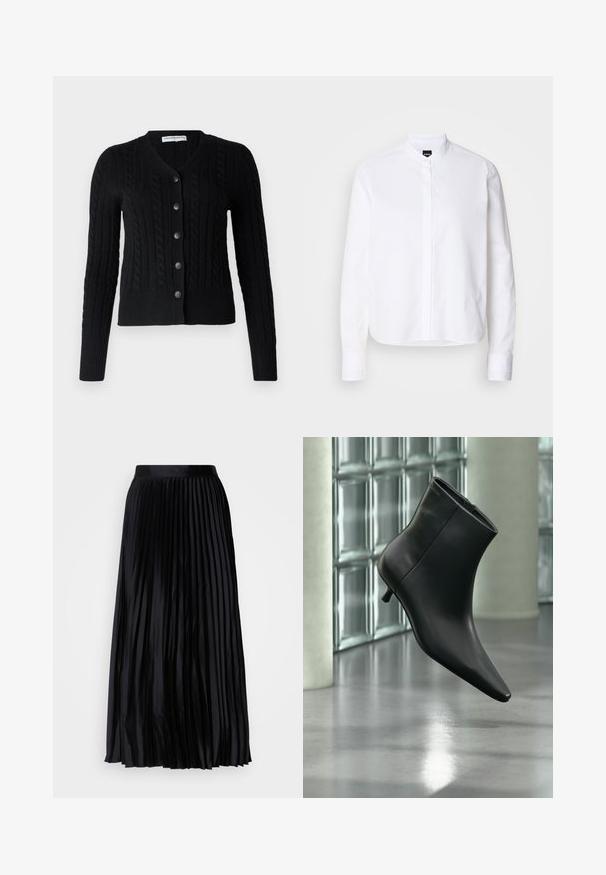 pure cashmere CLASSIC CABLE CARDIGAN - Kardigán - black; Biela košeľa s golierom a predným zapínaním, dlhými rukávmi a manžetami na gombíky. Vyrobená z hladkej bavlnenej tkaniny so štruktúrovaným strihom.; Čierna plisovaná sukňa vyrobená z hladkej látky so širokým pásom, s vertikálnymi plisami pre textúru a plynulosť, dosahujúca dĺžku po polovicu lýtok.; Čierna kožená členková čižma so špicatou špičkou a nízkym kitten podpätkom, zobrazená šikmo na pozadí leštenej podlahy a steny zo sklenených blokov.
