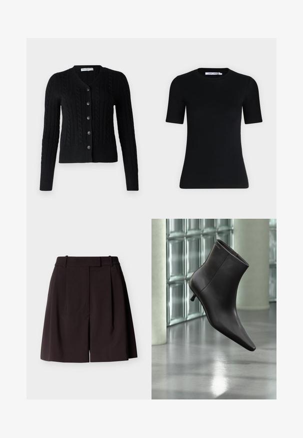 pure cashmere CLASSIC CABLE CARDIGAN - Kardigán - black; Čierne priliehavé tričko s krátkym rukávom, okrúhlym výstrihom a štítkom vo vnútri goliera na jednofarebnom svetlom pozadí.; Tmavohnedé krátke nohavice s vysokým pásom, pútkami na opasok, predným zipsom, záhybmi a mierne rozšíreným lemom na svetlom pozadí.; Čierna kožená členková obuv s ostrou špičkou a nízkym podpätkom, zobrazená na pozadí steny zo sklenených blokov a leštenej podlahy.