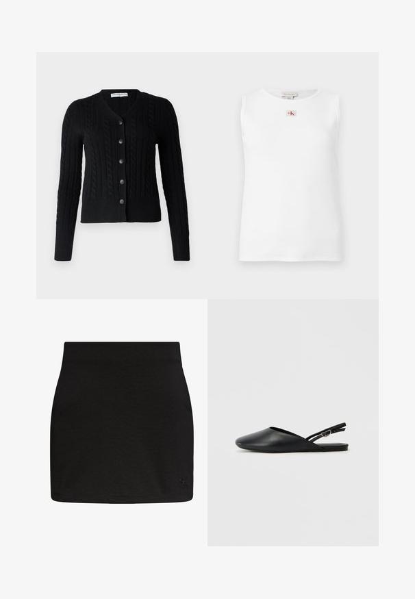 pure cashmere CLASSIC CABLE CARDIGAN - Cardigan - black; Hvid ærmeløs top med ribstruktur og et lille rødt og sort Calvin Klein-logo centreret under halsudskæringen.; Sort Calvin Klein mini-nederdel med lige snit og diskret CK-logo på nederste højre kant.; Sorte læderslippers med spids tå, buet design og justerbar spænde. Glat tekstur, flad sål, minimalistisk detaljering.