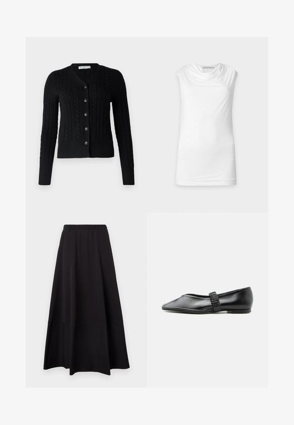 pure cashmere CLASSIC CABLE CARDIGAN - Cardigan - black; Hvid ærmeløs top med draperet halsudskæring, lavet af glat stof, mærket Tiger of Sweden på ensfarvet baggrund.; Sort tofarvet lang nederdel med elastisk talje og udsvinget kant, vist mod en ensartet lys baggrund.; Sort læder flad sko med en rynket rem over toppen og en let spids tå, vist mod en ensfarvet baggrund.