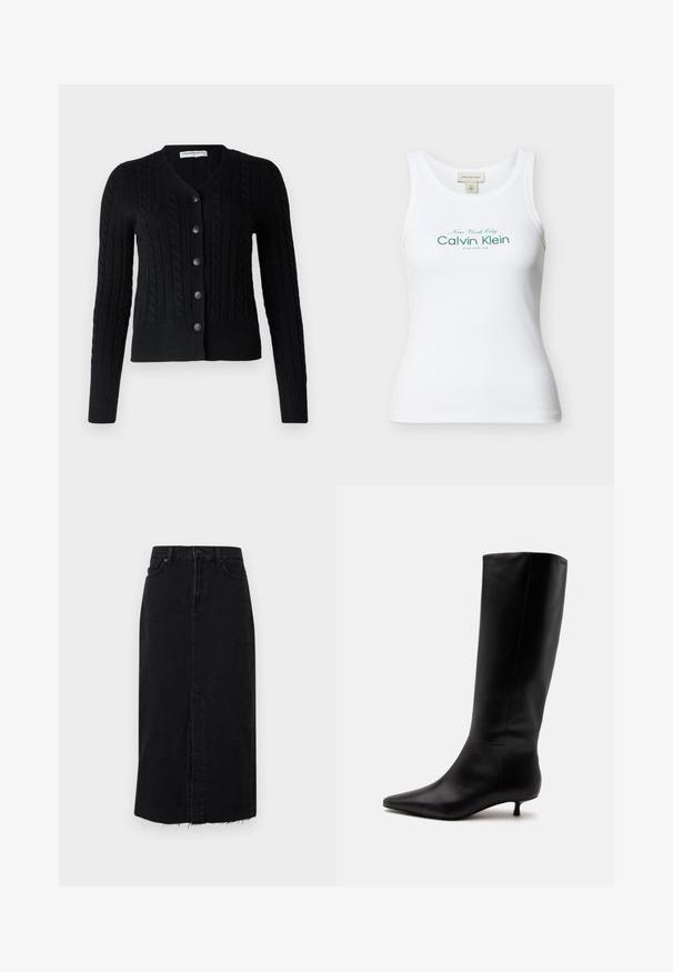 pure cashmere CLASSIC CABLE CARDIGAN - Cardigan - black; Hvid ribbet, ærmeløs Calvin Klein tanktop med grøn tekst "New York City Calvin Klein Established 1968" på forsiden.; Sort denim midi-nederdel med lige snit, frontslids og tvistet kant. Har en knaplukning og to sidelommer.; Sort læder knæhøj støvle med spids snude og lav kittenhæl mod en ensfarvet lys baggrund.