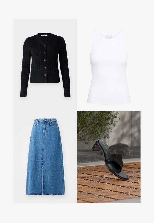 pure cashmere CLASSIC CABLE CARDIGAN - Strickjacke - black; Weißes, geripptes Tanktop mit Rundhalsausschnitt und ohne Ärmel. Elastisches Material und figurbetontes Design. Das Etikett auf der Rückseite trägt die Aufschrift "GESTUZ."; Maxi-Rock aus blauer Jeans mit einem knopfverschluss vorne, zwei Taschen und einem geraden Schnitt mit rohem Saum. Klassisch und vielseitig.; Schwarze Calvin Klein Sandale mit Absatz und Zehenschlaufe auf einem Holzkachelfußboden im Freien neben einem Baum und einer Steinmauer.