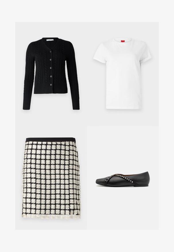 pure cashmere CLASSIC CABLE CARDIGAN - Kardigán - black; Biela krátka tričko s krátkym rukávom vyrobené z ľahkej bavlny. Má okrúhly výstrih a zamotané rukávy. Červená logo nálepka na golieri.; Čierna sukňa so sieťovým vzorom bielych vyšívaných kvetov a jednofarebným čiernym pásom, mierne zvlnený lem.; Čierna kožená plochá obuv so špicatou špičkou, s dekoratívnym pásikom so striebornými cvokmi a detailom pracky. Hladká textúra, minimalistický dizajn.