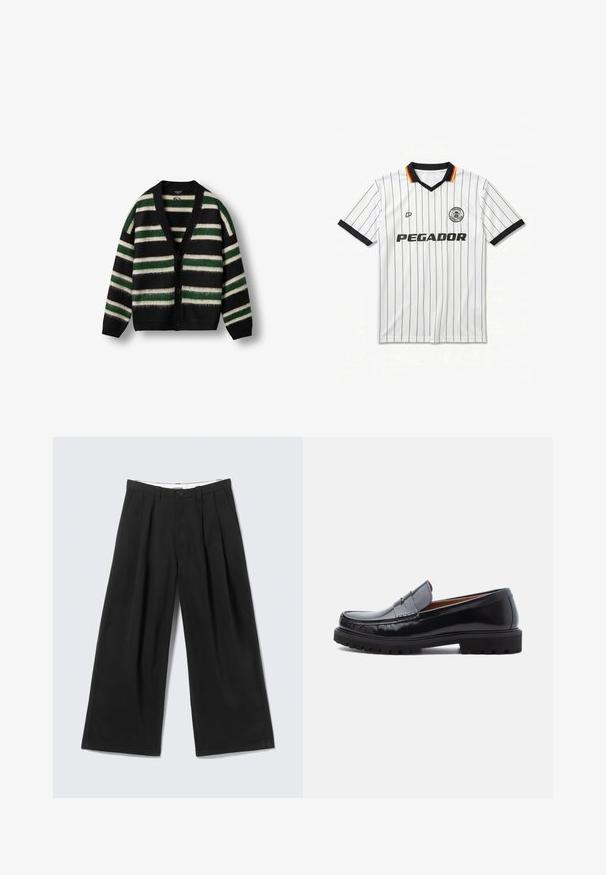 Cardigan noir avec un motif rayé vert et blanc. Fabriqué dans un matériau doux, avec un décolleté en V profond, un bouton de fermeture et des manches longues.; Maillot de football blanc à manches courtes avec fines rayures verticales noires, col et poignets noirs, logo "PEGADOR" et écusson rond de l'équipe sur la poitrine.; Pantalon noir à jambes larges avec plis, passants pour ceinture et fermeture par bouton, présenté sur un fond gris clair.; Mocassin penny en cuir noir avec semelle en caoutchouc épaisse et couture moc toe, montré de profil sur un fond blanc.