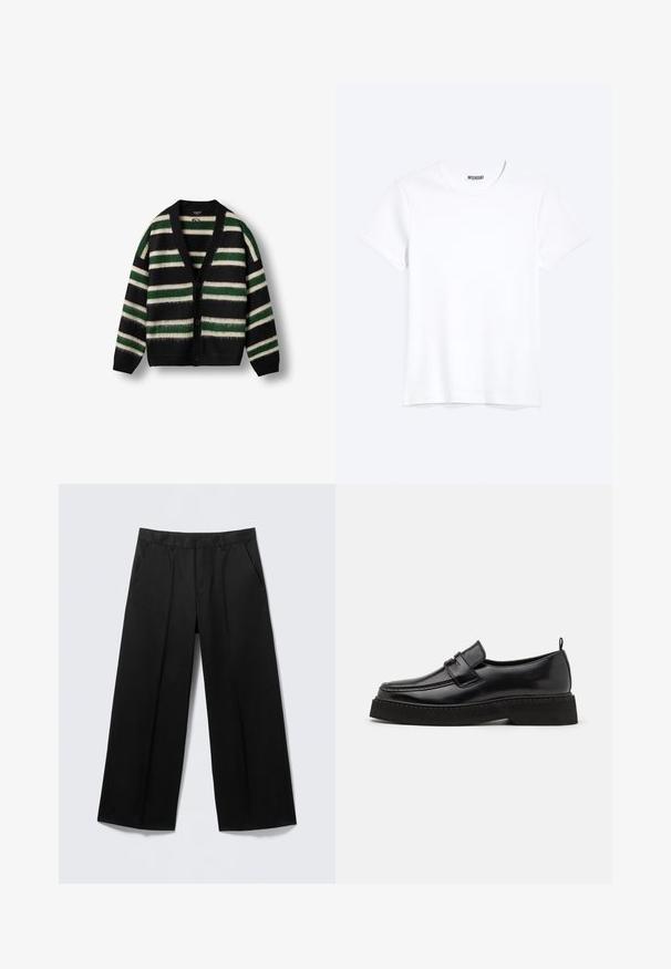 Cardigan noir avec un motif rayé vert et blanc. Fabriqué dans un matériau doux, avec un décolleté en V profond, un bouton de fermeture et des manches longues.; T-shirt blanc uni à manches courtes et col rond avec une étiquette de la marque WEEKDAY visible au niveau du col, présenté sur un fond clair.; Pantalon large noir avec passants pour ceinture, poches avant et fermeture éclair, présenté sur un fond gris clair.; Chaussures en cuir noir de style mocassin avec une semelle plate et texturée, présentant un bout piqué et une sangle traversant le cou-de-pied.
