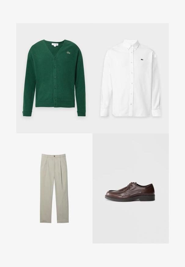 Πράσινη ζακέτα από πλεκτό υλικό, με V-λαιμόκοψη, μακριά μανίκια και κουμπιά στο μπροστινό μέρος. Μικρό κεντημένο λογότυπο στο αριστερό στήθος.; Λευκό πουκάμισο με μακριά μανίκια, κουμπιά και γιακά με κουμπιά, με μικρό μαύρο λογότυπο κροκόδειλου στο αριστερό στήθος.; Ανοιχτό μπεζ ραμμένο παντελόνι με πιέτες μπροστά, πλαϊνές τσέπες, θηλιές για ζώνη και κλείσιμο με κουμπί σε λευκό φόντο.; Καφέ δερμάτινο παπούτσι με στρογγυλή μύτη, ελάχιστες ραφές και ανθεκτική μαύρη σόλα. Διαθέτει κούμπωμα με κορδόνια και λεία υφή.