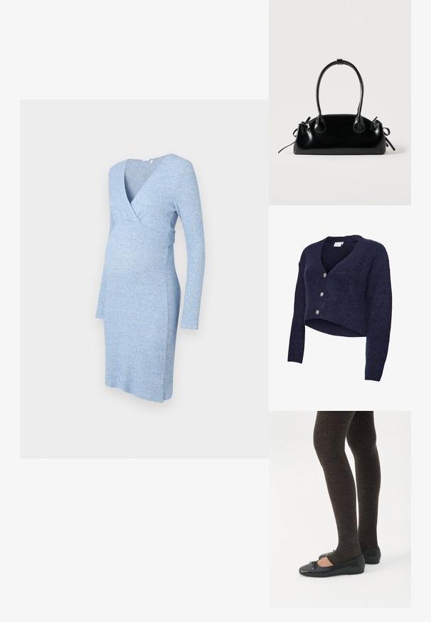 Marineblå strikket cardigan med cropped design, V-hals og lange ærmer. Fem glitrende knapper pryder forsiden, som har en ribstrikket tekstur.; Lyseblå strikket graviditetskjole med lange ærmer, V-hals og et tætsiddende design, der fremhæver maveområdet.; Ben iført mørke ribbede leggings kombineret med sorte balletsko med små sløjfedetaljer på hvid baggrund.; Lille sort blank håndtaske med to lange håndtag og snøre-detaljer i siden på en ensfarvet lys baggrund.