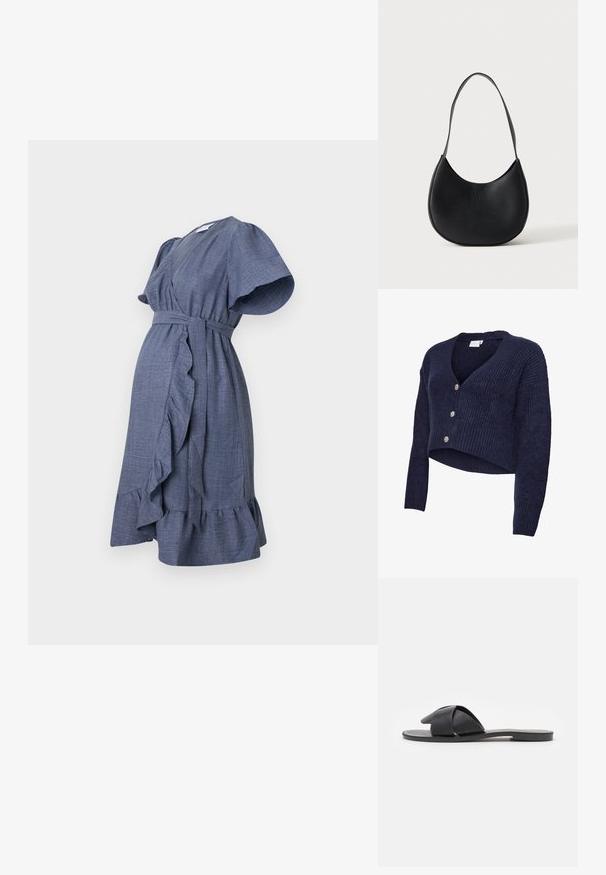 Marineblauw gebreid vest met een cropped ontwerp, V-hals en lange mouwen. Vijf glinsterende knopen sieren de voorkant, met een geribbelde textuur.; Blauwe wikkeljurk van gestructureerde stof met korte ruchesloven, een ceintuur op de taille en een uitlopende zoom met een ruchedetail.; Zwarte instapsandalen met gekruiste banden. Gemaakt van soepel leer met een platte zool en minimale stiksels. Eenvoudig ontwerp met open teen.; Zwarte leren schoudertas in halve maansvorm met een enkele riem en subtiel gegraveerde merknaam op een effen lichte achtergrond.