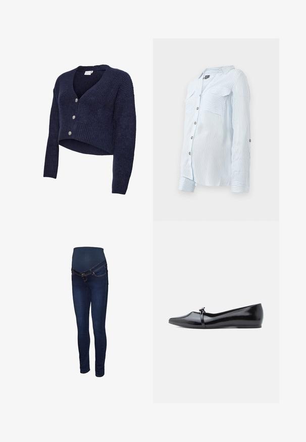 Marineblauw gebreid vest met een cropped ontwerp, V-hals en lange mouwen. Vijf glinsterende knopen sieren de voorkant, met een geribbelde textuur.; Lichtblauwe gestreepte overhemd met lange mouwen, twee borstzakken en opgerolde mouwen vastgemaakt met knopen. Zacht, lichtgewicht stof.; Donkerblauwe zwangerschapsjeans met een rekbare tailleband, een slanke pasvorm en klassieke vijfzakkenstijl met contrasterende stiknaden.; Zwarte lakleren balletflat met een spitse neus, decoratieve riem en een gladde textuur. Minimalistisch ontwerp zonder zichtbare accenten.