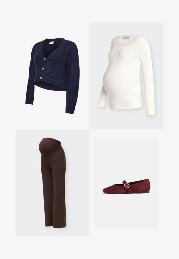 Cardigan en tricot bleu marine avec un design court, col en V et manches longues. Cinq boutons scintillants ornent le devant, mettant en valeur une texture côtelée.; Haut de maternité à manches longues côtelées de couleur crème, avec encolure dégagée et patte de boutonnage, conçu pour s'adapter à un ventre de femme enceinte.; Pantalon de maternité marron avec jambes larges et panneau extensible au-dessus du ventre, présenté sur fond uni.; Chaussure Mary Jane plate en daim bordeaux avec bride à boucle dorée et semelle noire, vue de côté sur fond blanc.