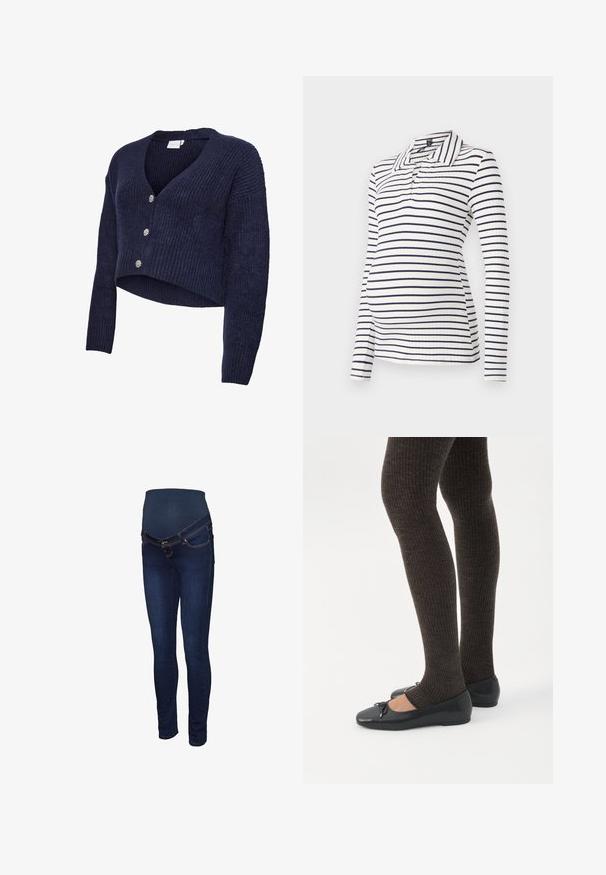 Marineblå strikket cardigan med cropped design, V-hals og lange ærmer. Fem glitrende knapper pryder forsiden, som har en ribstrikket tekstur.; Langærmet graviditetspolo med hvide og navy vandrette stripes, ribbet tekstur og krave med halvknaplukning.; Mørkeblå graviditetsjeans med et strækbart panel ved taljen, slank pasform og klassisk fem-lomme design med kontrastsyninger.; Ben iført mørke ribbede leggings kombineret med sorte balletsko med små sløjfedetaljer på hvid baggrund.
